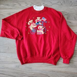 Vtg Gopher Sport Women XL Red Mock Neck Teddy Bear 4th of July Sweatshirt